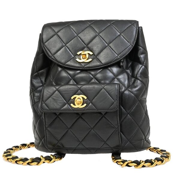 CHANEL CC Logo Duma Matelasse Chain Backpack Bag Leather Black Vintage 832RF417 - Picture 1 of 15